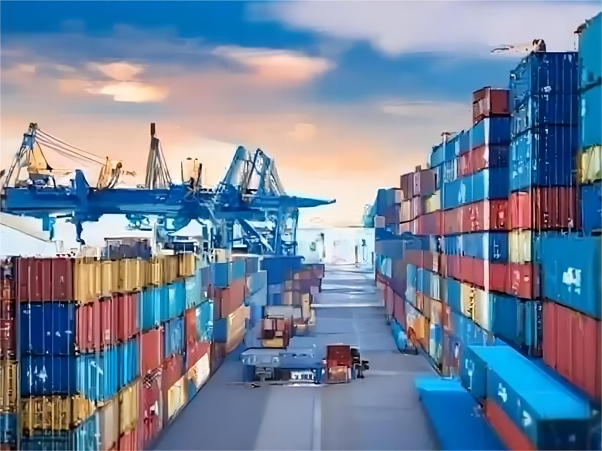 Cargo containers being loaded at a major Chinese manufacturing hub