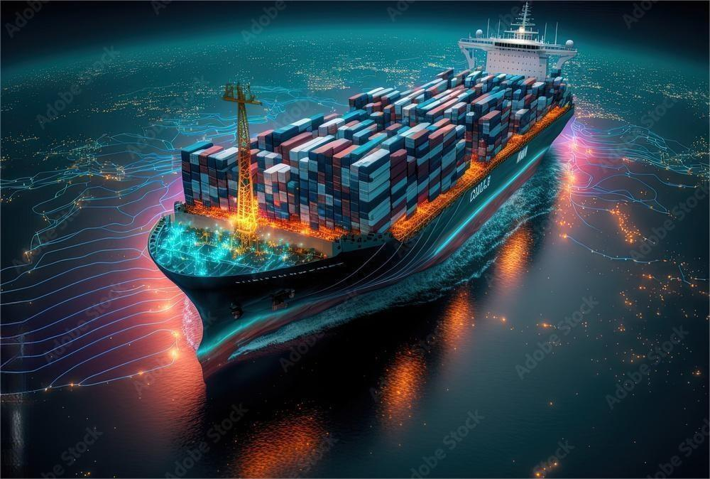Global shipping logistics hub showing container ships and cargo handling