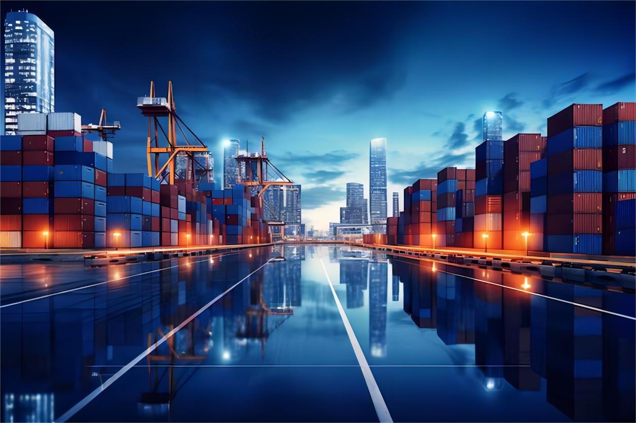 Container truck leaving a busy port facility